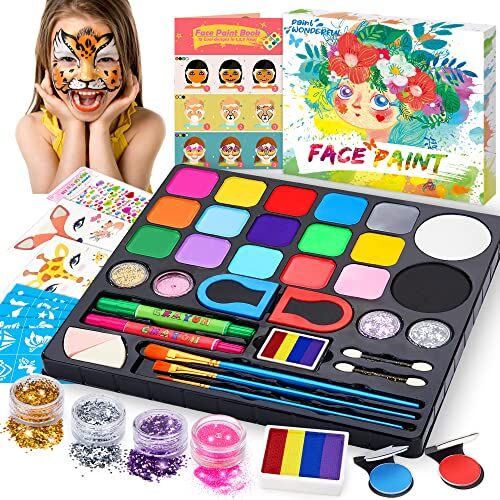 Chennyfun Colori Trucco Viso Bambini, 17 Colori Body Paint Tavolozza con Disegni Libro di Insegnamento, Split Cake Face Paint, 4 Glitter, 3 Pennelli Kit Halloween Trucco Carnevale Pasquale