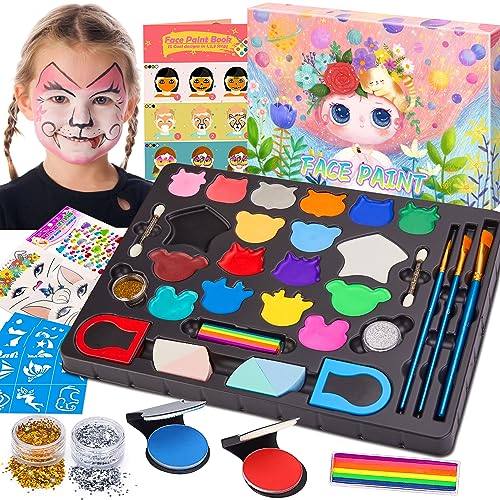 Chennyfun Colori Trucco Viso Bambini, 18 Colori Body Paint Tavolozza con Disegni Libro di Insegnamento, Split Cake Face Paint, 2 Glitter, 3 Pennelli Kit Halloween Trucco Carnevale Pasquale