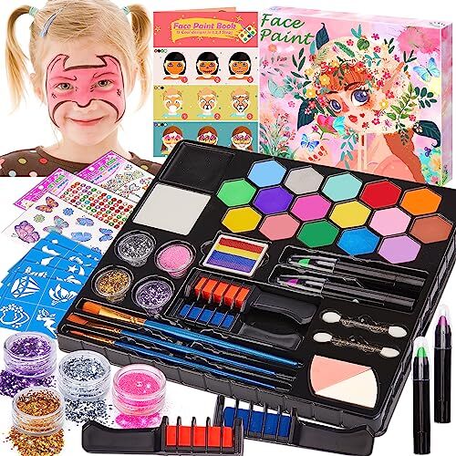 Chennyfun Colori Trucco Viso Bambini, 16 Colori Body Paint Tavolozza con Disegni Libro di Insegnamento, Split Cake Face Paint, 4 Glitter, 3 Pennelli Kit Halloween Trucco Carnevale Pasquale