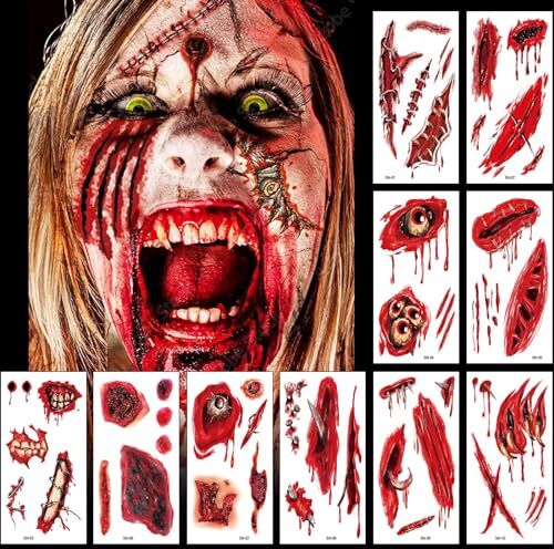 Bseical 20 Pezzi Tatuaggi Temporanei Halloween, Tatuaggi Halloween Ferite Viso, Special Effects Halloween Makeup Set, Cicatrici Finte Halloween, Tatoo Cicatrici Zombie Joker Adesivi Costume Festa Decorazione