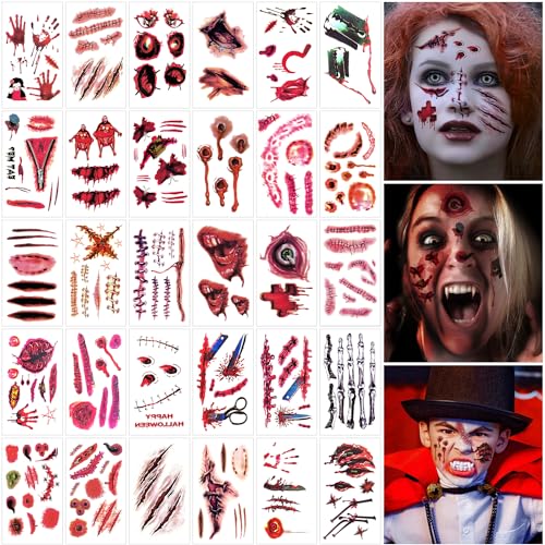 Autoau Tatuaggi Halloween, 30 Fogli Tatuaggi Temporanei Halloween Zombie Cicatrici Tatuaggi Adesivi Horror Realistico, Tatuaggi Halloween Viso Ferite Decorazione di Vampiri di Gadget Halloween