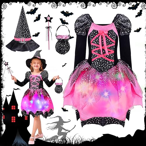 BARAKYEG Costume da Strega Bambina, Vestito Hocus Pocus Halloween con luci Caramelle per Carnevale Party 130cm