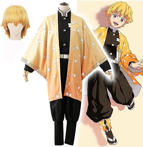 Syedeliso Anime Demone Cosplay Agatsuma Zenitsu Costume Kimetsu no Yaiba Uniforme Cosplay Parrucca Costumi di Halloween per I Bambini Adulti (Set parrucca,L)