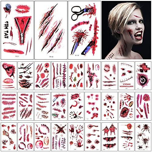 KEELYY Halloween Tatuaggi Temporanei Adulti Bambini,  30 Fogli Tatuaggi Finti Decoration Halloween Zombie Scars Tatuaggi Adesivi con Falso Scab Sangue Speciale FX Puntelli per Il Trucco del Corpo