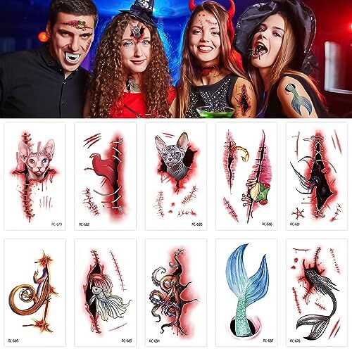 YXHZVON Tatuaggi Temporanei di Halloween, 30 Fogli Tatuaggi Cicatrici Zombie, Sangue Finto Scab Tatuaggi Finti Decorazioni Cosplay Feste di Halloween