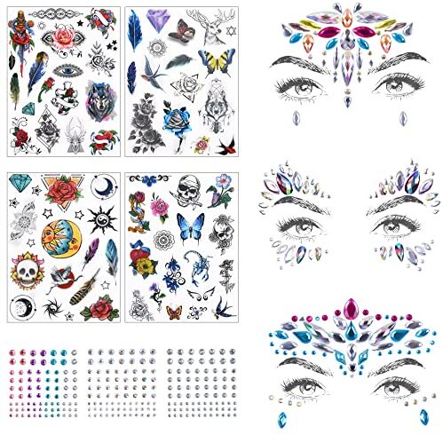 kammqi 10 Fogli Faccia Strass Colorato Lupo Leone Tigre Animali Tatuaggi Temporanei Teschio Rosa Adesivi Tatuaggio Finto Tatuaggi Adesivi Temporanei Uomini Donne Adulti per Trucco Carnevale, Feste, Trucco