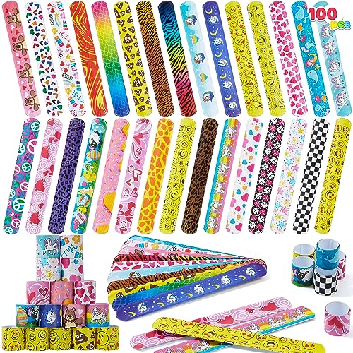 JOYIN Slap Band, 100 PCs Slap Bracelets Super Slap Wristband with colorful Hearts Animal Party Bag Fillers (30 Designs) Valentine's Party Favors Pack, Easter Basket Stuffers