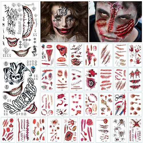 LGZIN 32 Fogli Tatuaggi Temporanei Halloween, Joker Tatuaggi Halloween, Tatuaggi Halloween Ferite Viso, Tatuaggio Della Ferita di Halloween, Zombie Joker Adesivi Costume per Halloween Festa