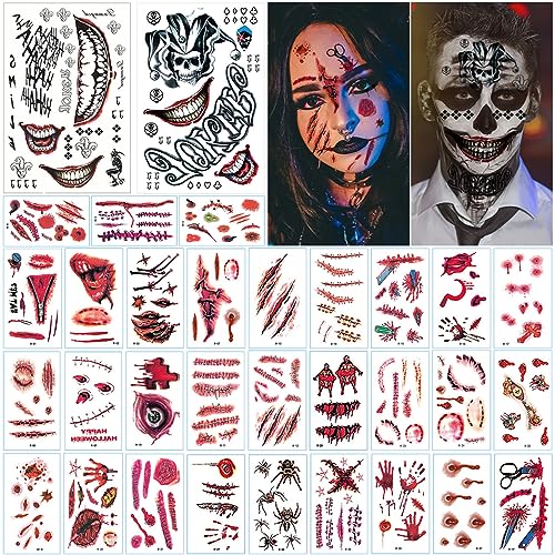 LGZIN 32 Fogli Tatuaggi Temporanei di Halloween, Halloween Scars Tatuaggi Adesivi, Halloween Zombie Joker Tatuaggi, Tatuaggi per Cicatrici di Halloween, Halloween Cosplay Decorazione