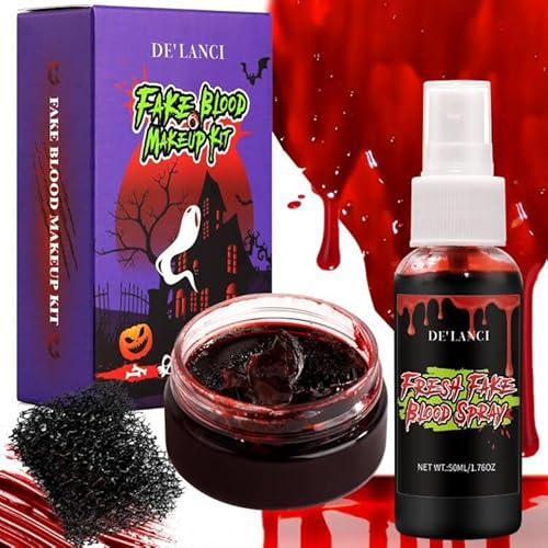 DE'LANCI Sangue Finto,Halloween Sangue Zombie，Costume Effetto Speciale Del Terrore，Trucco di Scena，Scherzo (3 PZ FAKE BOOD SPRAY & BLOOD COAGOLATO)