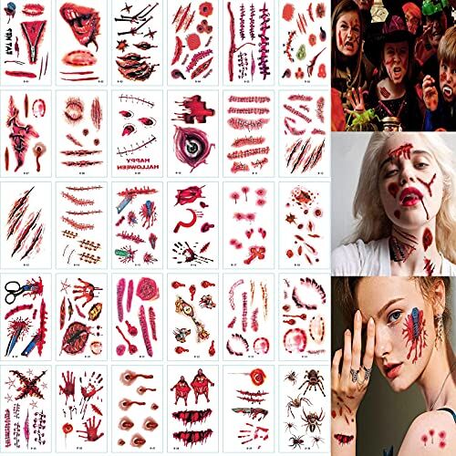 KYWLCO Tatuaggi temporanei di Halloween, cicatrici zombie Tatuaggi adesivi con falsi Scab Blood Trucco Adesivi puntelli per Carnevale Trucco Proms