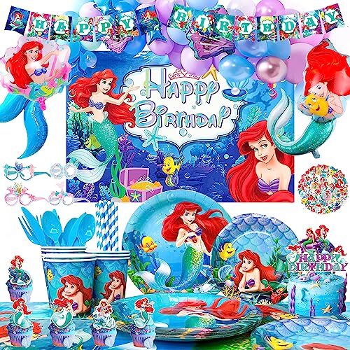 Lumcrajems Kit Compleanno Sirenetta,185pcs Decorazioni Sirenetta Compleanno Bambina Palloncini Sirenetta Sfondo Striscione & Tovaglia Sirenetta Piatti Bicchieri etc Addobbi Compleanno Bambina Tema Sirenetta