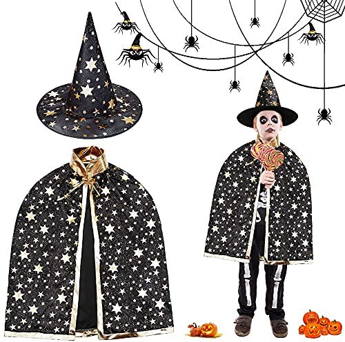 WELLXUNK Costume di Halloween per bambini,Halloween Cappello Per Bambini Witch,mantello Wizard con cappello,Mago Mantello per Bambini,per Bambini Puntelli di Halloween Set Boy Girl Byddler Dress Up (nero)