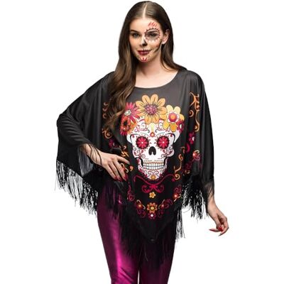 Boland Poncho Catrina, mantello per il Dia de los Muertos per Halloween, carnevale e feste in maschera, Messico, giorno della morte, teschio e ossa incrociate Boland Poncho Catrina, mantello per il Dia de los Muertos per Halloween, carnevale e feste in maschera, Messico, giorno della morte, teschio e ossa incrociate