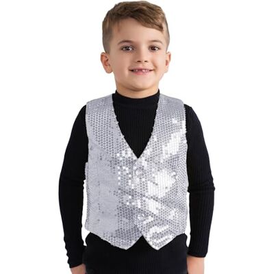 Dress Up America Gilet di Paillettes per Bambini Gilet Argento Lucido da Ballo per Bambini e Bambine, Costume Unisex Luccicante per Festa, Spettacolo Teatrale e Carnevale Dress Up America Gilet di Paillettes per Bambini Gilet Argento Lucido da Ballo per Bambini e Bambine, Costume Unisex Luccicante per Festa, Spettacolo Teatrale e Carnevale