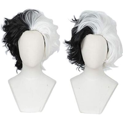 Linfairy Parrucca da donna bicolore per costume di Halloween e cosplay metà bianca e mezza nera Linfairy Parrucca da donna bicolore per costume di Halloween e cosplay metà bianca e mezza nera