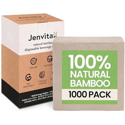 Jenvita Ibambo Confezione da 1000 (4 scatole da 250) tovaglioli da cocktail in bambù, a 2 veli, ecologici, tovaglioli da bar per casa, feste, tovaglioli piegati da 11,4 x 11,4 cm, tovaglioli usa e getta per Jenvita Ibambo Confezione da 1000 (4 scatole da 250) tovaglioli da cocktail in bambù, a 2 veli, ecologici, tovaglioli da bar per casa, feste, tovaglioli piegati da 11,4 x 11,4 cm, tovaglioli usa e getta per