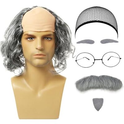 UILYNIU Set 7 Pezzi Parrucca da Nonno Calvo con Baffi, Sopracciglia, Cuffia per Parrucca, Occhiali Accessori per Costume (Grigio Riccio) UILYNIU Set 7 Pezzi Parrucca da Nonno Calvo con Baffi, Sopracciglia, Cuffia per Parrucca, Occhiali Accessori per Costume (Grigio Riccio)