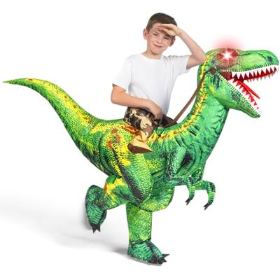 Spooktacular Creations Costume da dinosauro gonfiabile per bambini, costume da T-rex con occhi illuminati a LED, cavalcando un rapace verde, stampa digitale, costumi di Halloween Spooktacular Creations Costume da dinosauro gonfiabile per bambini, costume da T-rex con occhi illuminati a LED, cavalcando un rapace verde, stampa digitale, costumi di Halloween