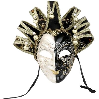 YU FENG Maschera da giullare per Carnevale e Mardi Gras di New Orleans, 2024, colore bianco e nero, con campanelle, per sfilate e balli di Carnevale (nero) YU FENG Maschera da giullare per Carnevale e Mardi Gras di New Orleans, 2024, colore bianco e nero, con campanelle, per sfilate e balli di Carnevale (nero)