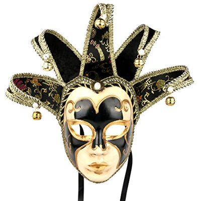 YU FENG Jester Bells Full Face Venetian Mask Black Jocker One Size Novelty Item for Party YU FENG Jester Bells Full Face Venetian Mask Black Jocker One Size Novelty Item for Party