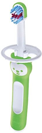 MAM Istruzioni in Lingua Straniera  Spazzola Baby'S Brush Set  – Spazzolini da Denti con Manico Corto e Compatto, con Anello di Sicurezza, per Bambini dai 6 Mesi, Verde, 1 Pezzo