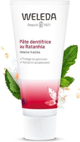 WELEDA Dentifricio Ratania, dentifricio senza fluoro al gusto menta, con estratti di mirra e radice di ratania, efficacia contro la placca clinicamente testata (1x75 ml)