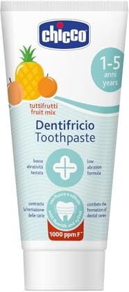 Chicco Dentifricio Bambini Tuttifrutti, Bassa Abrasività, con Betaina e Vitamina E, Contrasta la Formazione delle Carie e Rimuove la Placca, 12+ Mesi 50 ml