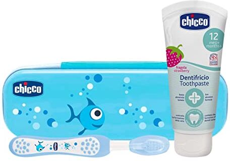 Chicco Set Dentale per Bambini, L'Astuccio Contiene Un Dentifricio 12 Mesi + e Uno Spazzolino, Oral Care, Azzurro, 6 Mesi+