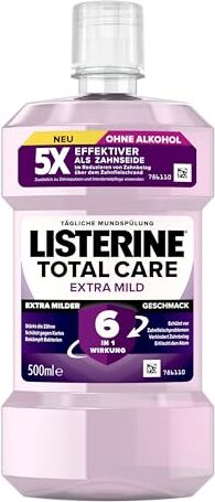 Listerine Total Extra Mild (500 ml), collutorio protettivo senza alcool contro la carie con effetto 6 in 1, il collutorio antibatterico protegge dai problemi gengivali, fino a 24 ore di alito fresco