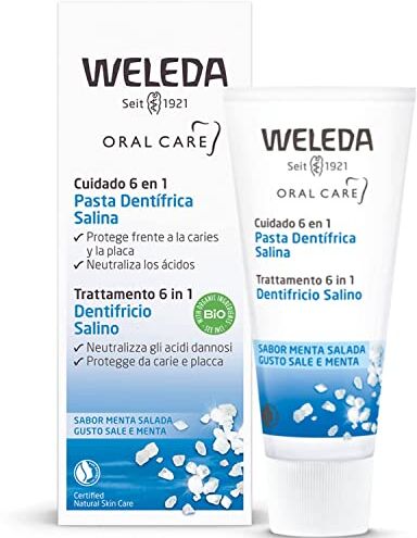 WELEDA Dentifricio Salino, dentifricio a base di sale marino senza fluoro, neutralizza gli acidi dannosi e protegge da carie e placca, trattamento 6 in 1 (1x75 ml)