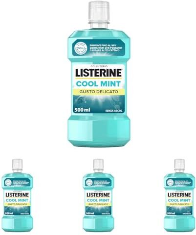 Listerine Collutorio Cool Mint, Gusto delicato di Menta, Collutorio senza alcool a base di Oli Essenziali Antibatterici e Fluoruro per un'igiene orale completa, 500 ml (Confezione da 4)