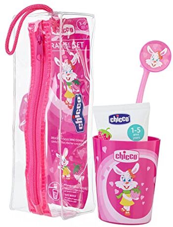 Chicco Set Igiene Orale Da Viaggio Con Astuccio, Pochette Contiene Un Bicchierino in Plastica, Uno Spazzolino da Denti 3 Mesi+ e Un Dentifricio Alla Fragola, Rosa, 3 Mesi+