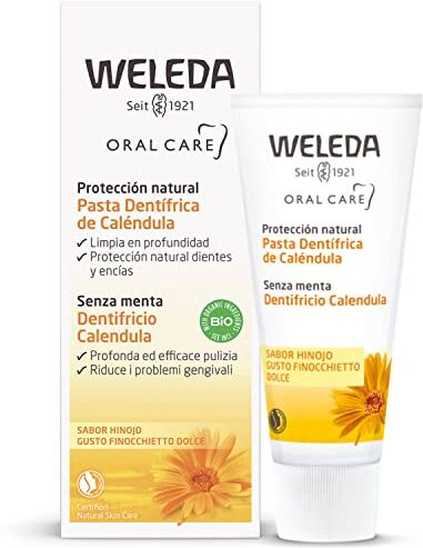 WELEDA Dentifricio Calendula, dentifricio senza fluoro a base di estratto di calendula bio che lenisce e mantiene sano il cavo orale, aroma di finocchietto dolce (1x75 ml)