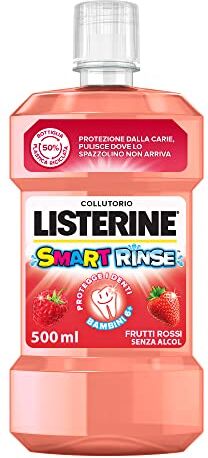 Listerine Collutorio Smart Rinse, Collutorio bambini al gusto di Frutti Rossi, Collutorio senza alcool e zucchero per un'igiene orale completa per i bambini 6+, 500 ml