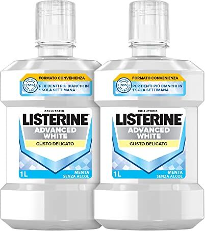 Listerine Collutorio Advanced White, Collutorio sbiancante al gusto delicato di Menta, Collutorio senza alcool per denti bianchi e un'igiene orale completa, Confezione da 2 x 1 L