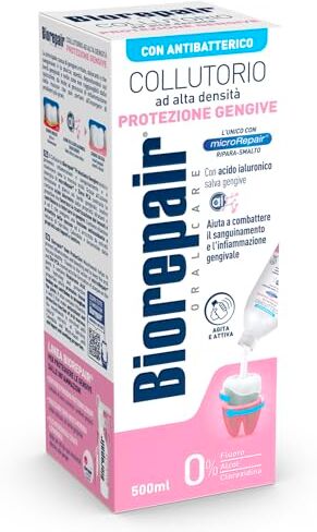 Biorepair , Collutorio ad Alta Densità, Protezione contro Sanguinamento Gengive, con Acido Ialuronico e Zinco Antibatterico, Senza Fluoro, Alcool e Clorexidina, Confezione da 500ml