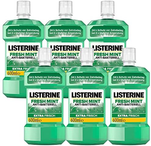 Listerine Fresh Mint (6 x 600 ml), collutorio antibatterico con oli essenziali per un alito fresco