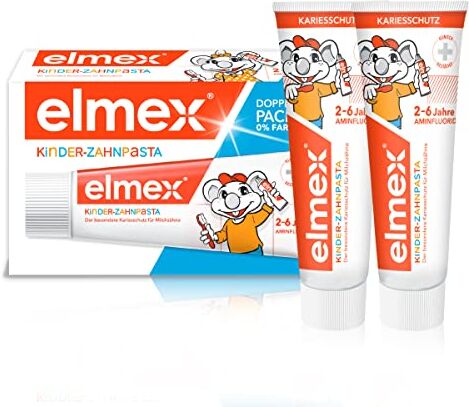 ELMEX Dentifricio per bambini 2-6 anni 2 x 50 ml – pulizia dei denti adatta ai bambini per una protezione efficace della carie – con fluoruro di ammina per un triplo meccanismo di protezione