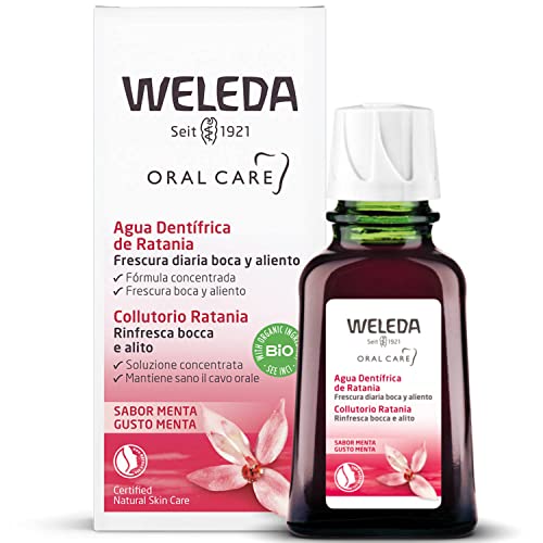 WELEDA Colluttorio Ratania, potente colluttorio concentrato naturale, per un alito fresco e gengive sane, a base di estratti di mirra e radice di ratania (1X 50 ml)