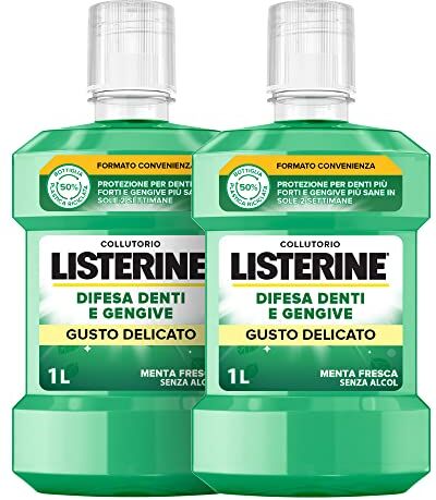 Listerine Collutorio Difesa Denti e Gengive, Al gusto delicato di Menta Fresca, Collutorio gengive infiammate per denti forti, Con Fluoruro, Igiene orale per Gengive sane, Confezione da 2 x 1L