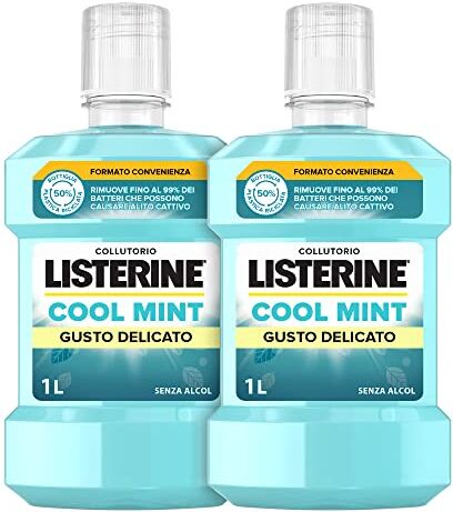 Listerine Collutorio Cool Mint, Gusto delicato di Menta, Collutorio senza alcool a base di Oli Essenziali Antibatterici e Fluoruro per un'igiene orale completa, Confezione da 2 x 1L