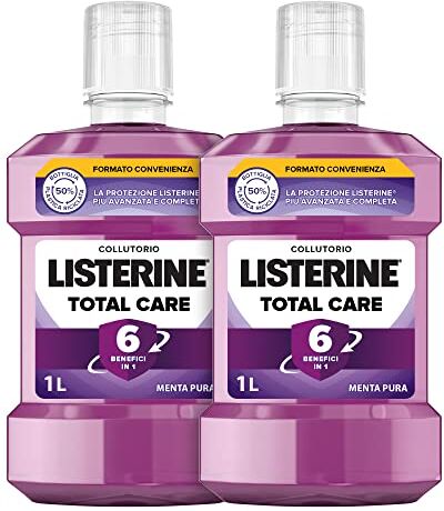 Listerine Collutorio Total Care, Collutorio al gusto di Menta Pura, Collutorio con 6 benefici in 1 per una pulizia accurata e un'igiene orale completa, Confezione da 2 x 1 L