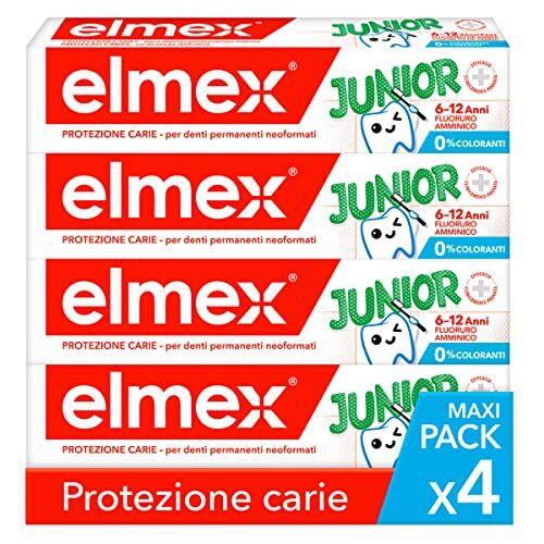 ELMEX Dentifricio Junior 6-12 Anni per Bambini 4x75ml   con Fluoruro Amminico   Protegge i Denti Dei Bimbi dalla Carie   Dentifricio Anticarie per Denti Permanenti   0% Coloranti