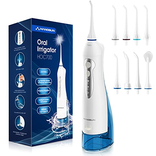 Hangsun Idropulsore Dentale Portatile con 8 Ugelli  Irrigatore Dentale, 3 Modalità e Capacità 300ML, USB Ricaricabile per Ortodontico, Famiglia