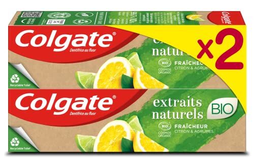 COLGATE Dentifricio Estratti Naturali Certificato Bio Limone e Agrumi Freschezza intensa Dentifricio biologico 99,7% Ingredienti di Origine Naturale 2 x 75 ml