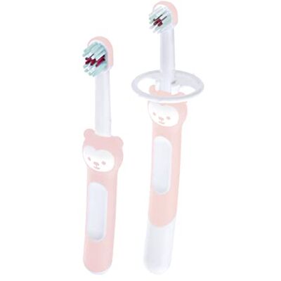 MAM Learn to Brush Set di spazzolini da denti per bambini con manico lungo per tenere insieme, per allenare la pulizia dei denti, dai 5 mesi in su, rosa MAM Learn to Brush Set di spazzolini da denti per bambini con manico lungo per tenere insieme, per allenare la pulizia dei denti, dai 5 mesi in su, rosa