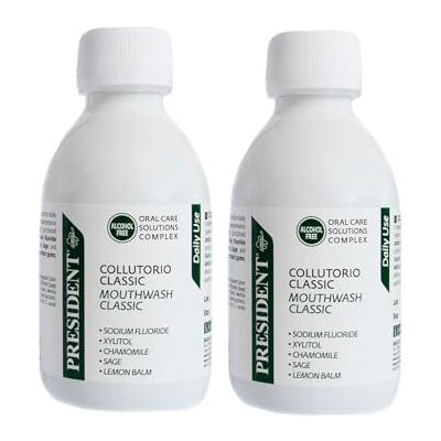 President KIT 2 COLLUTORIO CLASSIC Collutorio per uso quotidiano. Anti placca e anti carie. Azione rinfrescante antialitosi. 2X200ml President KIT 2 COLLUTORIO CLASSIC Collutorio per uso quotidiano. Anti placca e anti carie. Azione rinfrescante antialitosi. 2X200ml