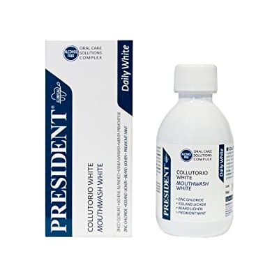 President COLLUTORIO WHITE ad azione sbiancante professionale. Denti più bianchi, efficace azione antibatterica, antiplacca e antitartaro. Gusto menta, rinfrescante antialitosi 200 ml President COLLUTORIO WHITE ad azione sbiancante professionale. Denti più bianchi, efficace azione antibatterica, antiplacca e antitartaro. Gusto menta, rinfrescante antialitosi 200 ml