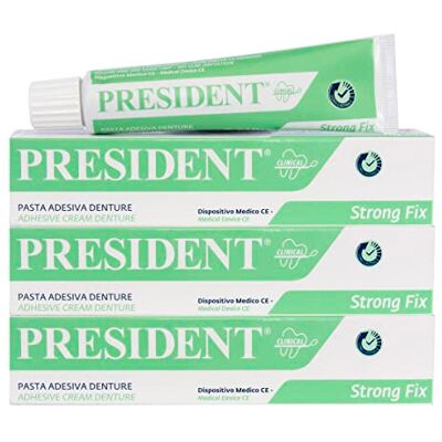 President KIT 3 PEZZI DI PASTA ADESIVA DENTURE. Fissaggio Forte della dentiera, Presa Rapida, Adesione duratura. Evita le infiltrazioni di cibo, infiammazioni e alitosi. Non irrita le gengive 3x40g President KIT 3 PEZZI DI PASTA ADESIVA DENTURE. Fissaggio Forte della dentiera, Presa Rapida, Adesione duratura. Evita le infiltrazioni di cibo, infiammazioni e alitosi. Non irrita le gengive 3x40g